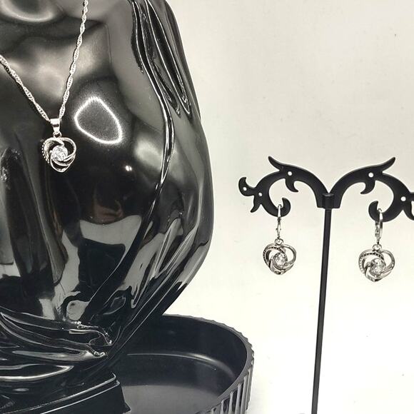 925 Silver Necklace Ring & Earring Set White CZ Diamonds Heart Stones Valentines